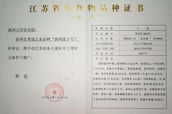 飼、食兼用大麥品種——揚飼麥3號 國家保護授權品種轉讓與技術推廣